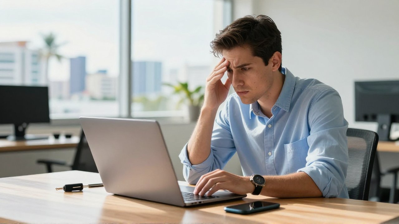 A concerned cybersecurity professional examines a laptop screen next to a smartphone and hardware security key in a sunlit office.