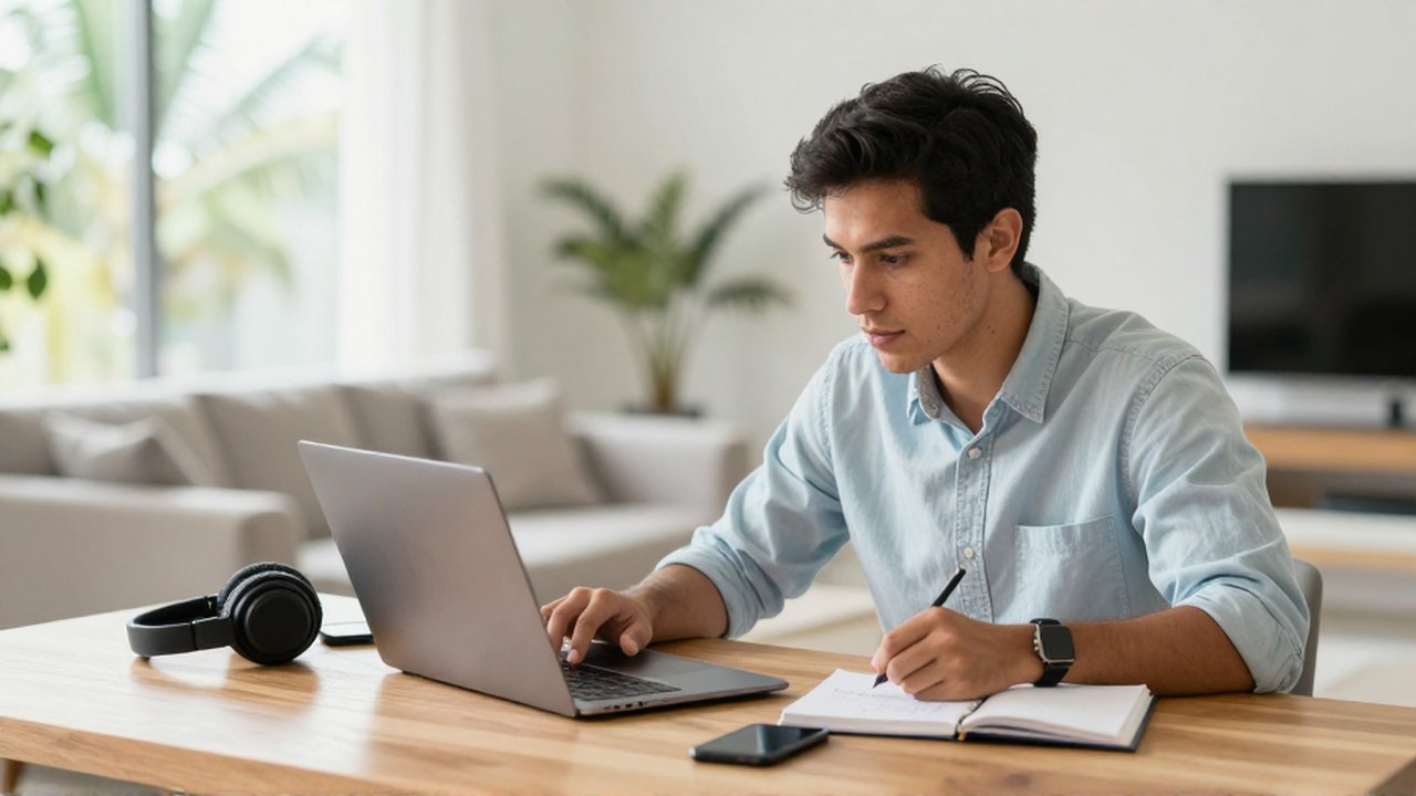A young professional takes handwritten notes while focusing on a laptop in a sunlit home office.