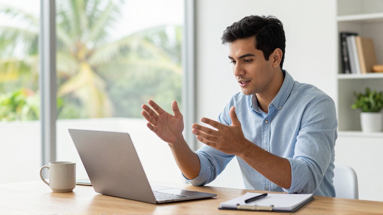 A young professional male gestures while participating in a video call at a bright home office desk.