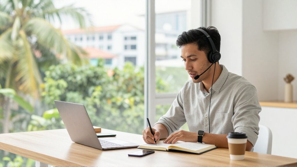 A young professional wears a headset and takes notes while practicing English at a sunlit desk.