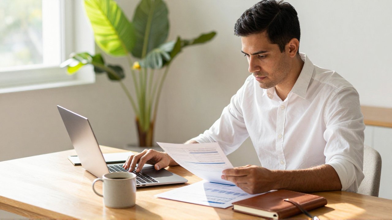A professional man reviews financial documents on a laptop at a sunlit desk in a modern home office.
