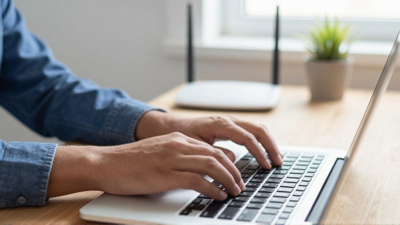 Close-up of hands typing on a laptop next to a glowing Wi-Fi router in a sunlit home office.