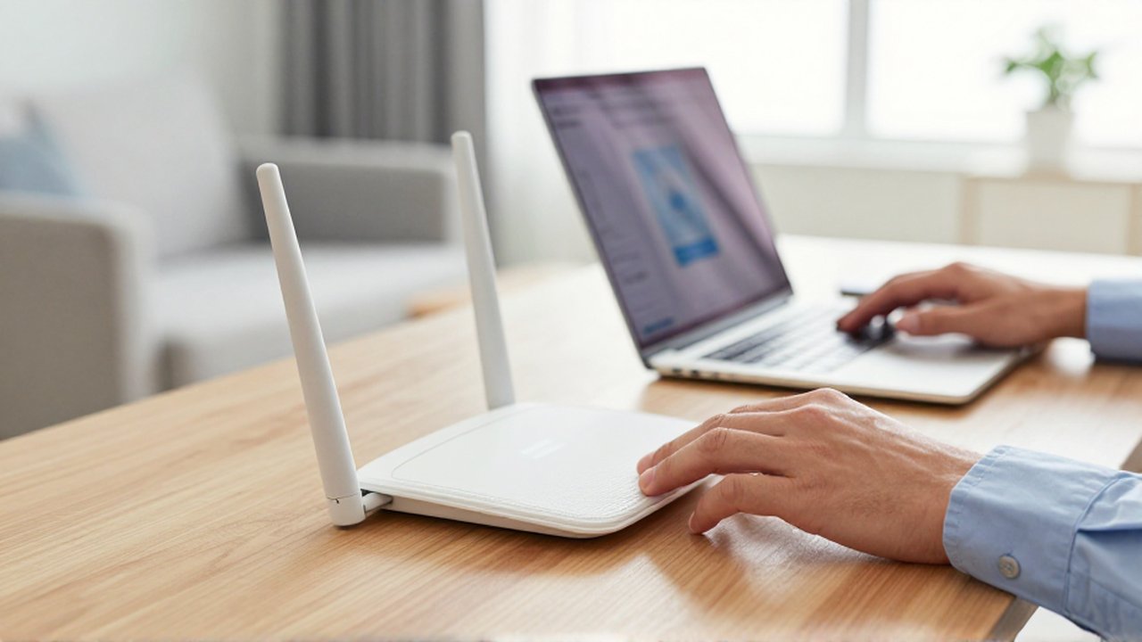 A technician's hands interact with a wireless router on a wooden desk in a bright home office.