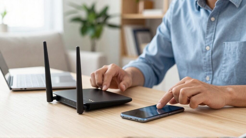 A person uses a smartphone to configure settings on a black Wi-Fi router at a wooden desk.
