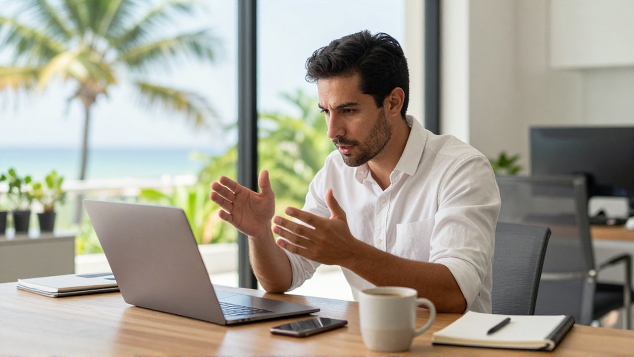 An entrepreneur gestures during a video conference while working on a laptop in a sunlit home office.