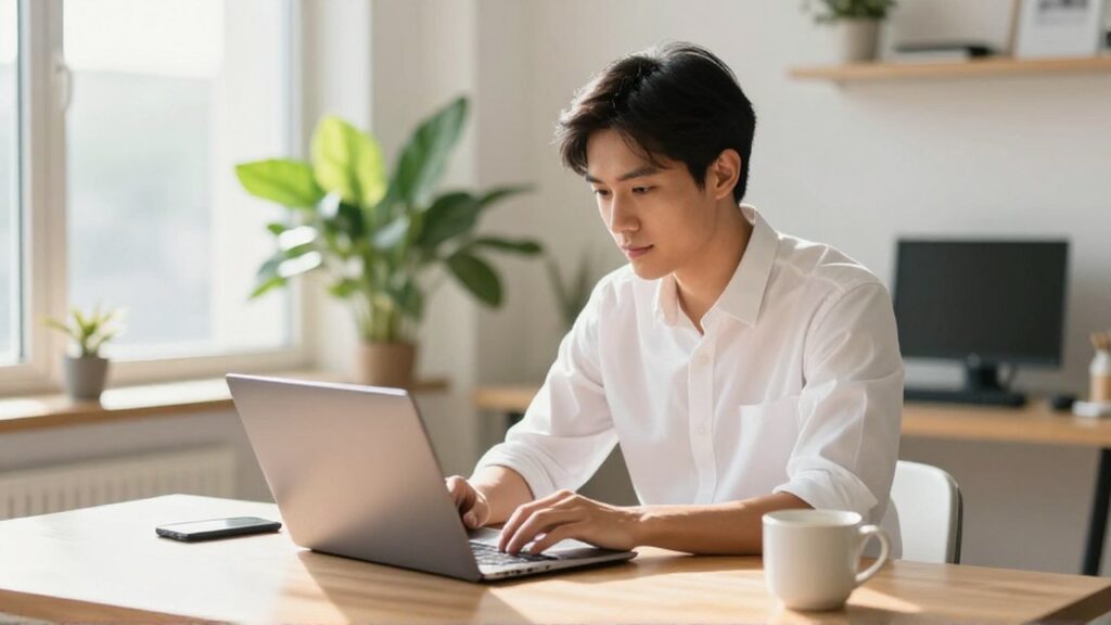 A focused entrepreneur reviews digital workflows on a laptop at a bright