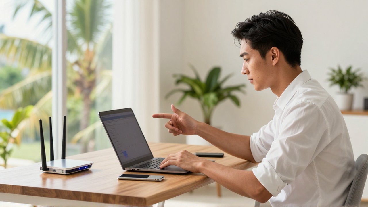 A network administrator examines a laptop and router at a sunlit desk in a modern home office.