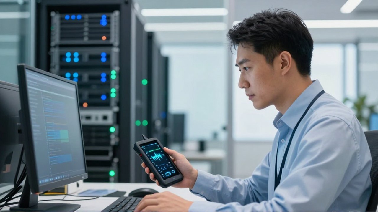 An IT administrator examines a handheld network diagnostic device near a server room.