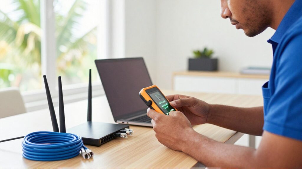 An IT technician inspects a wireless router and network cables using a handheld tester in a bright home office.