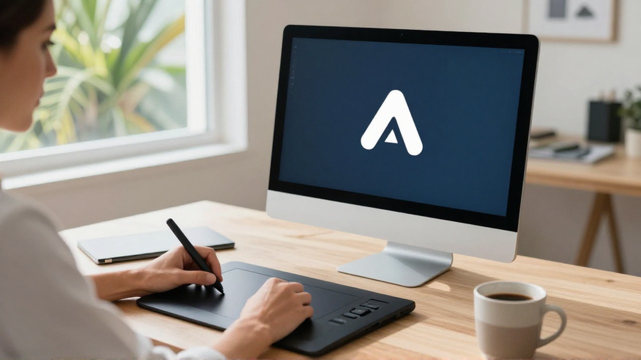 A graphic designer uses a stylus and digital tablet to create a logo at a sunny desk.