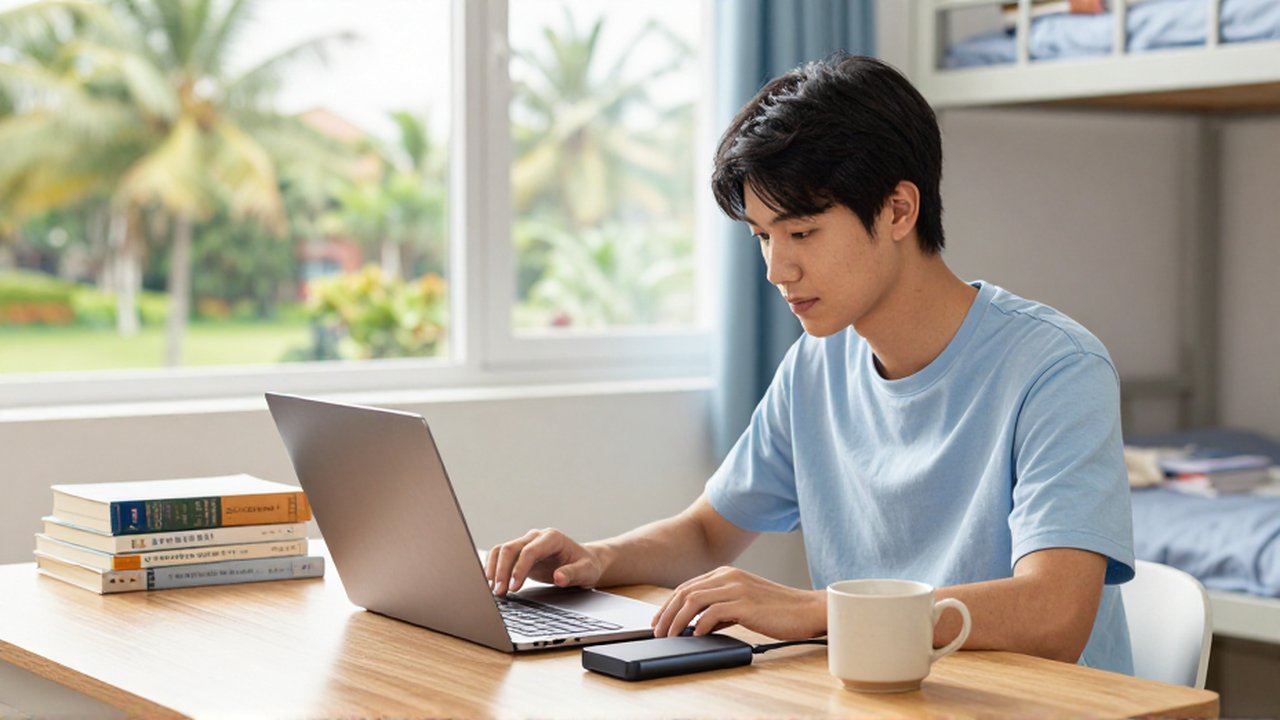 A student at a wooden desk connects a compact external drive to a laptop in a sunlit dorm.