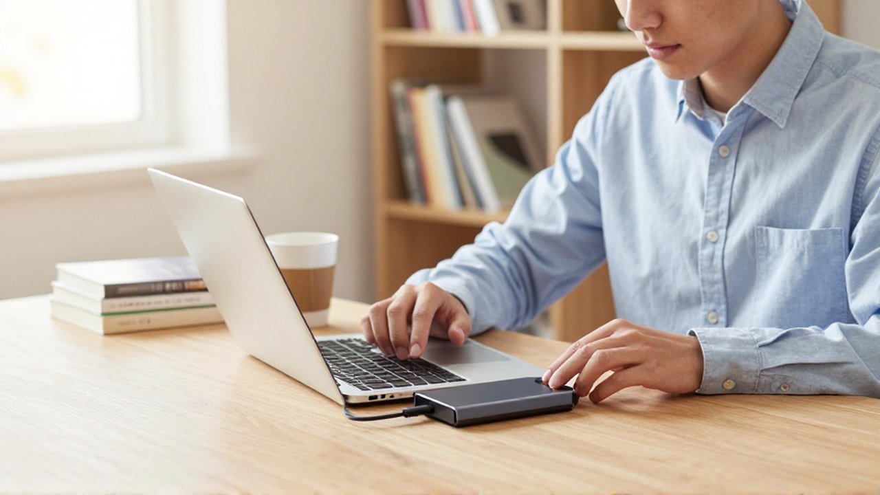 A student plugs an external hard drive into a laptop at a sunny, organized desk.