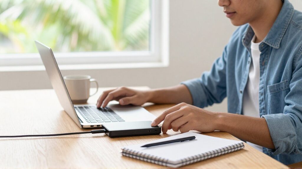 A student connects an external hard drive to a laptop at a sunlit desk.