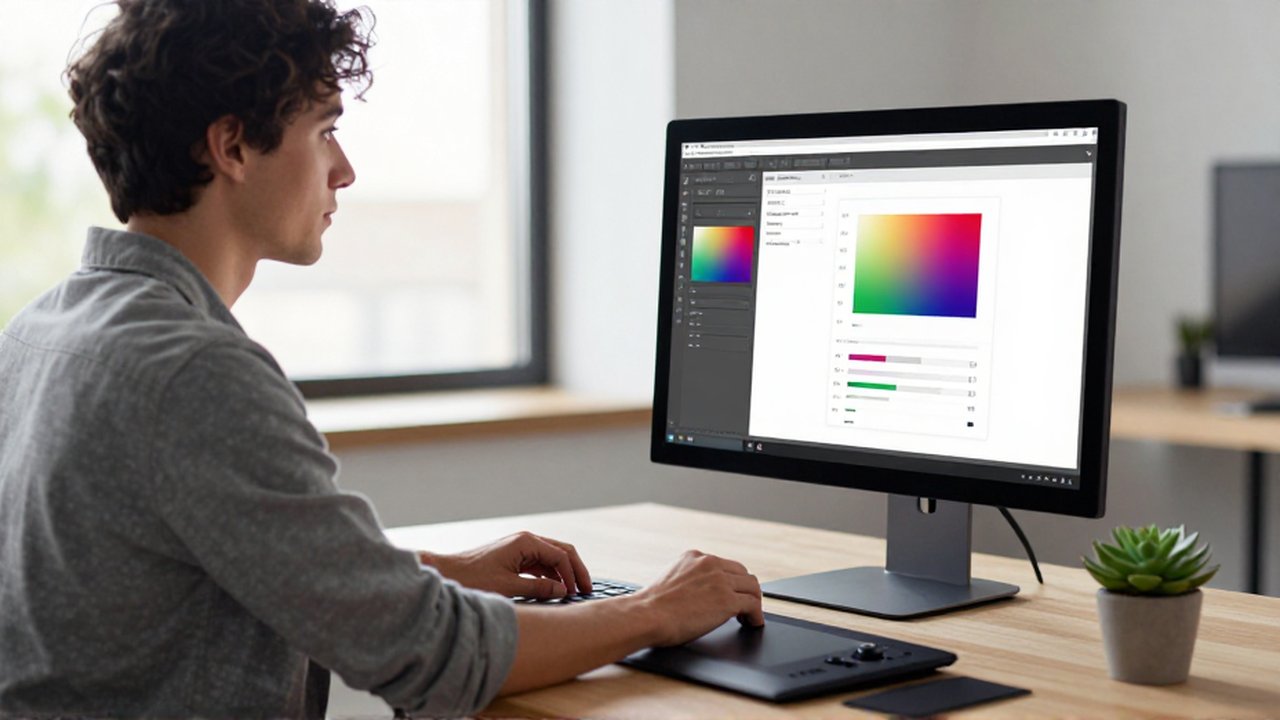 A professional graphic designer adjusts color settings on a large monitor in a bright, modern studio.