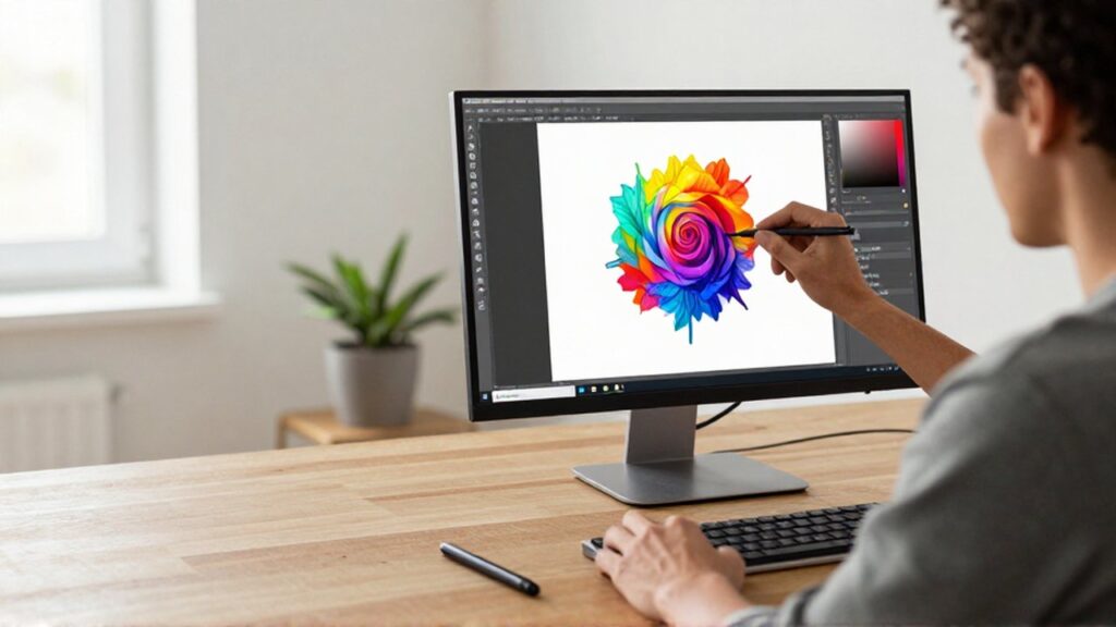 A graphic designer's hands use a stylus to fine-tune a vibrant digital illustration on a large monitor.