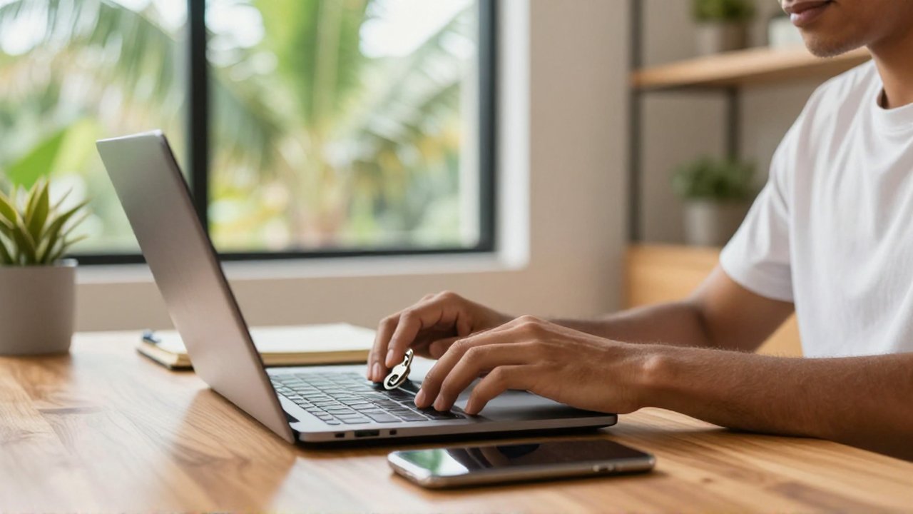 A person uses a small security key on a laptop at a sunny wooden desk.
