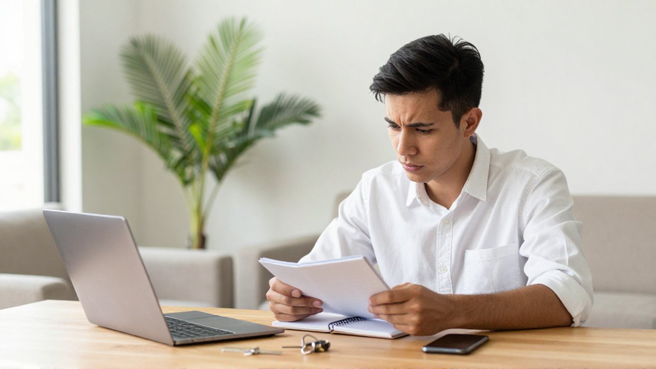 A concerned professional double-checks a notebook beside a laptop and security key in a bright home office.