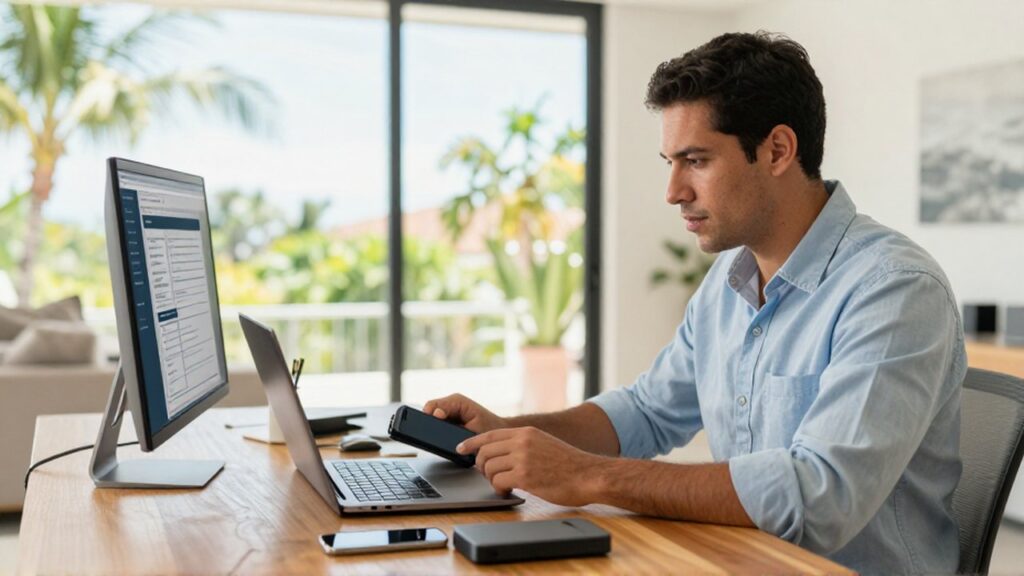 A focused cybersecurity technician reviews data protocols on a laptop in a sunlit home office.