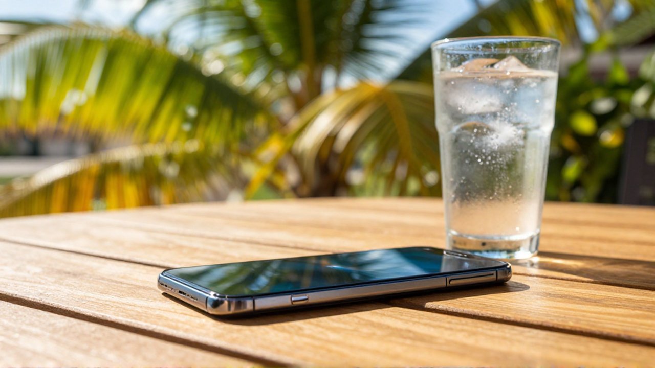 A smartphone sits on a wooden table beside a condensation-covered glass of iced water in a sunny tropical setting.