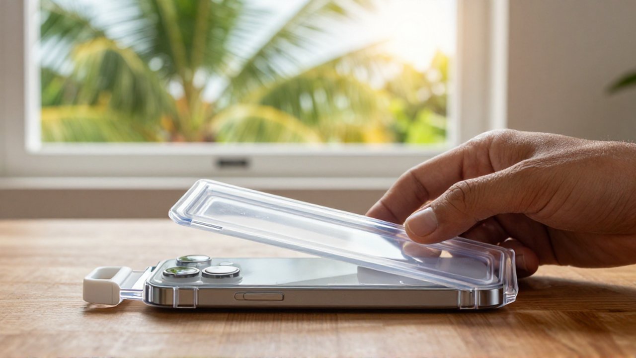 A person's hand carefully places a smartphone into a transparent waterproof case on a wooden desk.