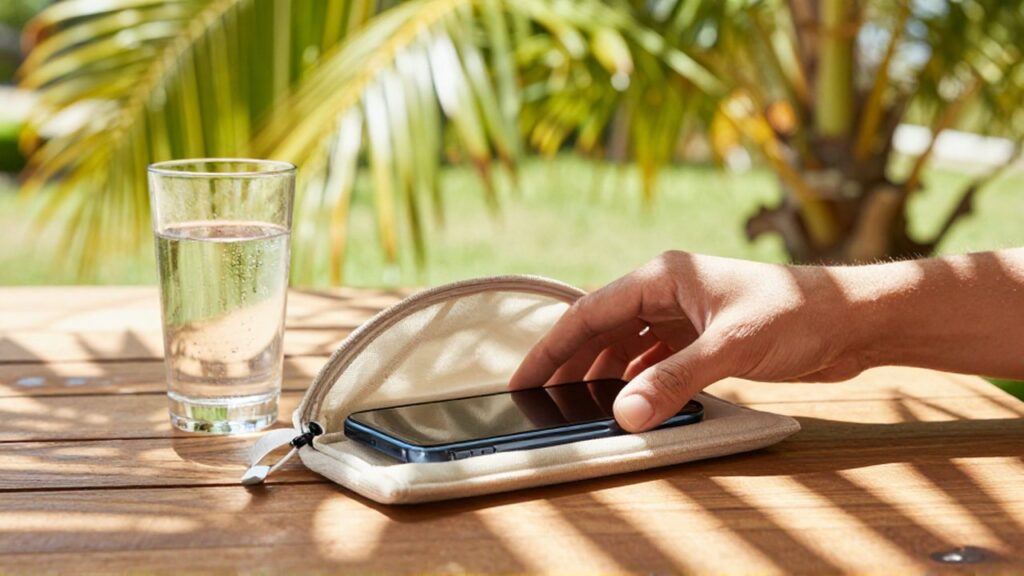 A hand places a smartphone into a fabric pouch on a wooden table in a sunny tropical garden.