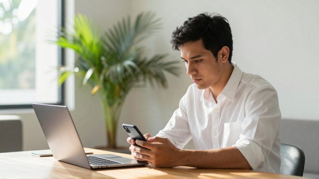 A professional man sits at a desk in a sunlit home office