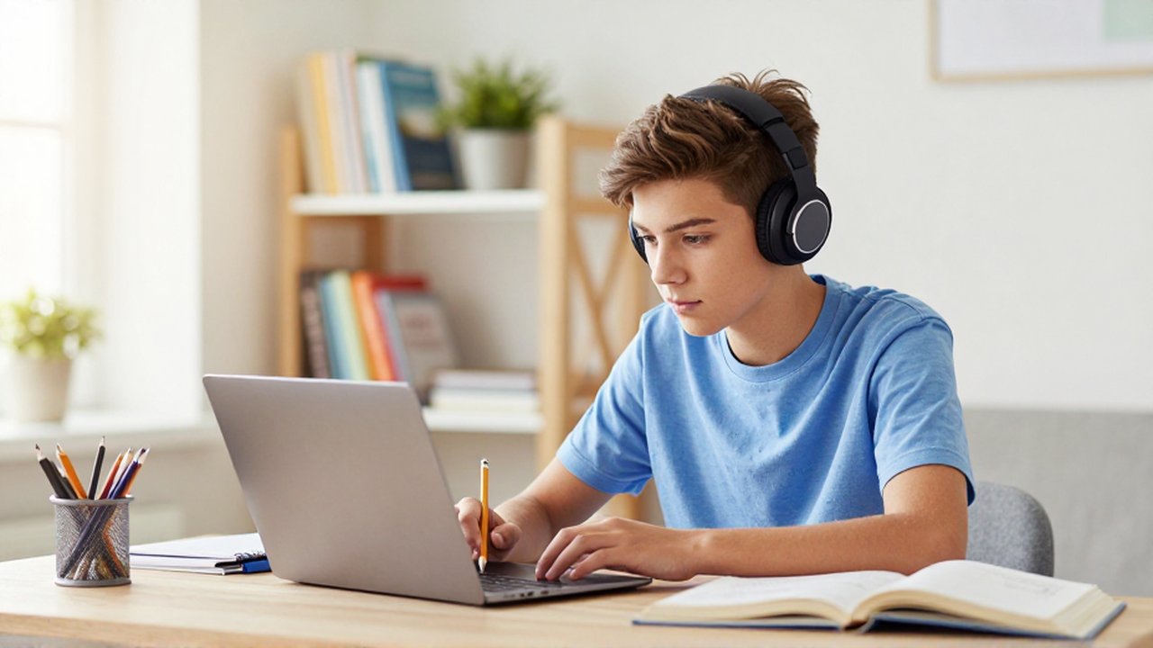 A focused teenage student wearing headphones studies mathematics and science on a laptop at a wooden desk.