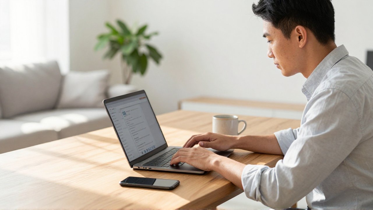 A focused young professional works on a laptop at a clean, sunlit wooden desk.