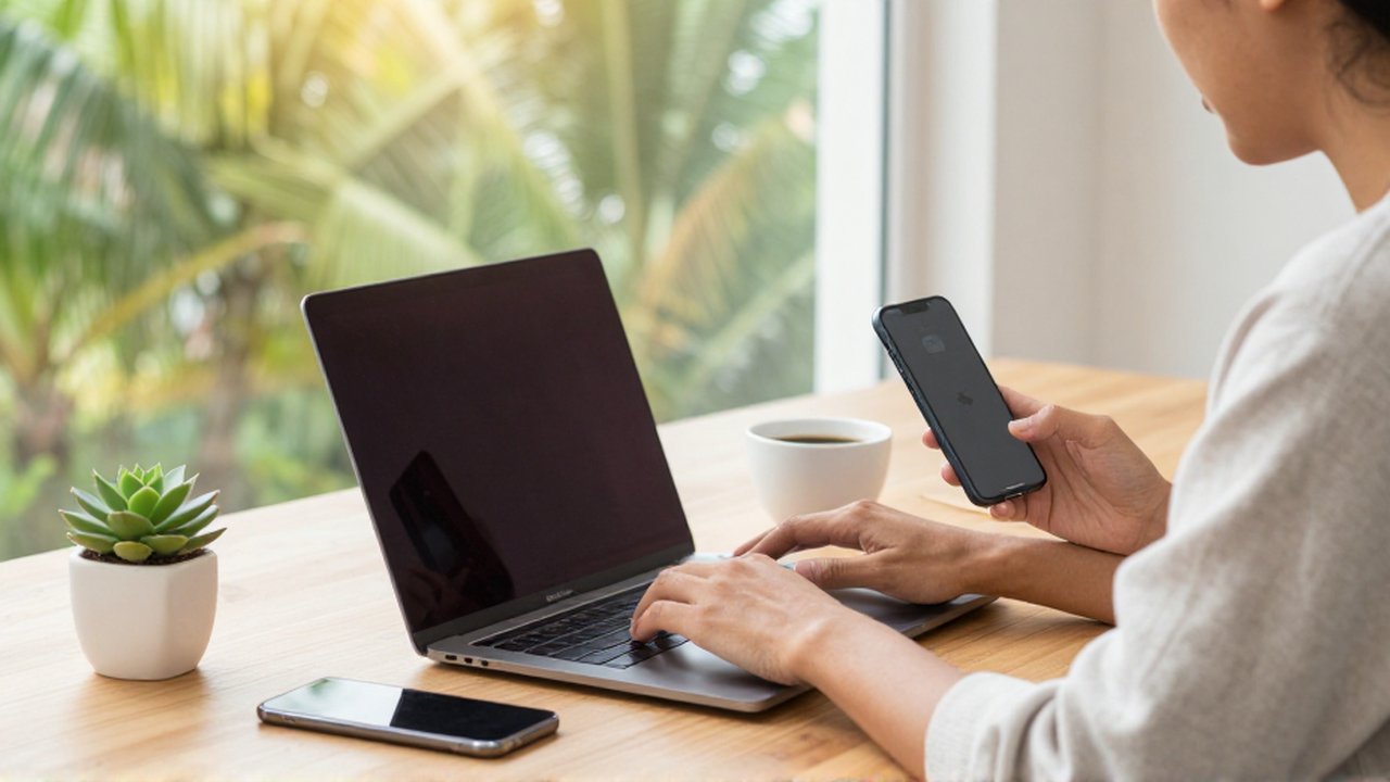 A person uses a MacBook and iPhone at a bright, minimalist wooden desk near a window.