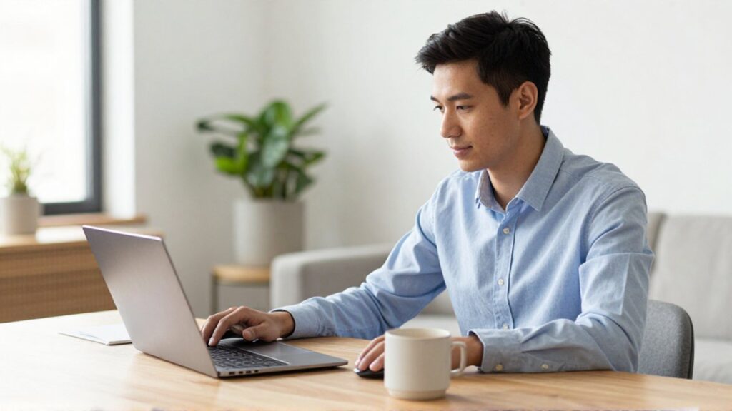 A young professional sits at a wooden desk in a bright home office