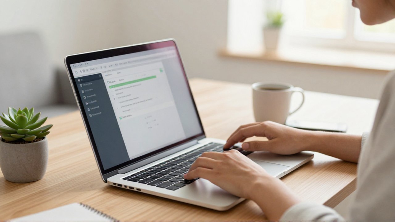 A person's hands operate a laptop on a wooden desk in a bright, minimalist home office.
