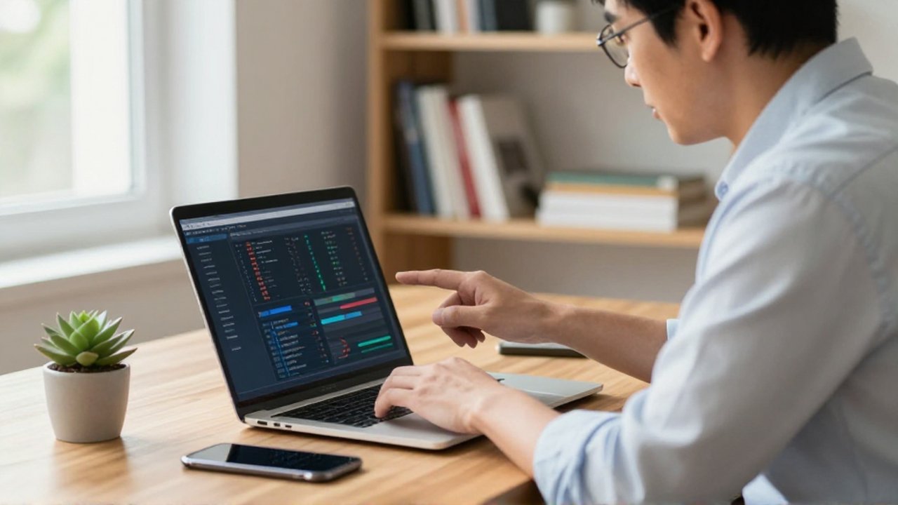 An IT professional points at a laptop screen while analyzing data in a bright home office.