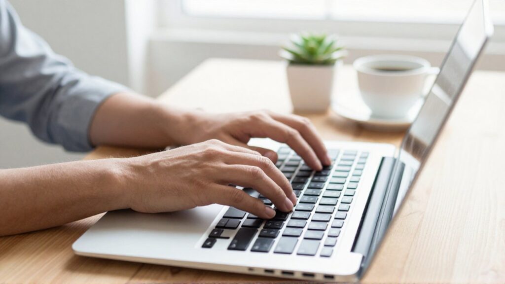 Hands typing on a laptop keyboard at a wooden desk in a bright home office.