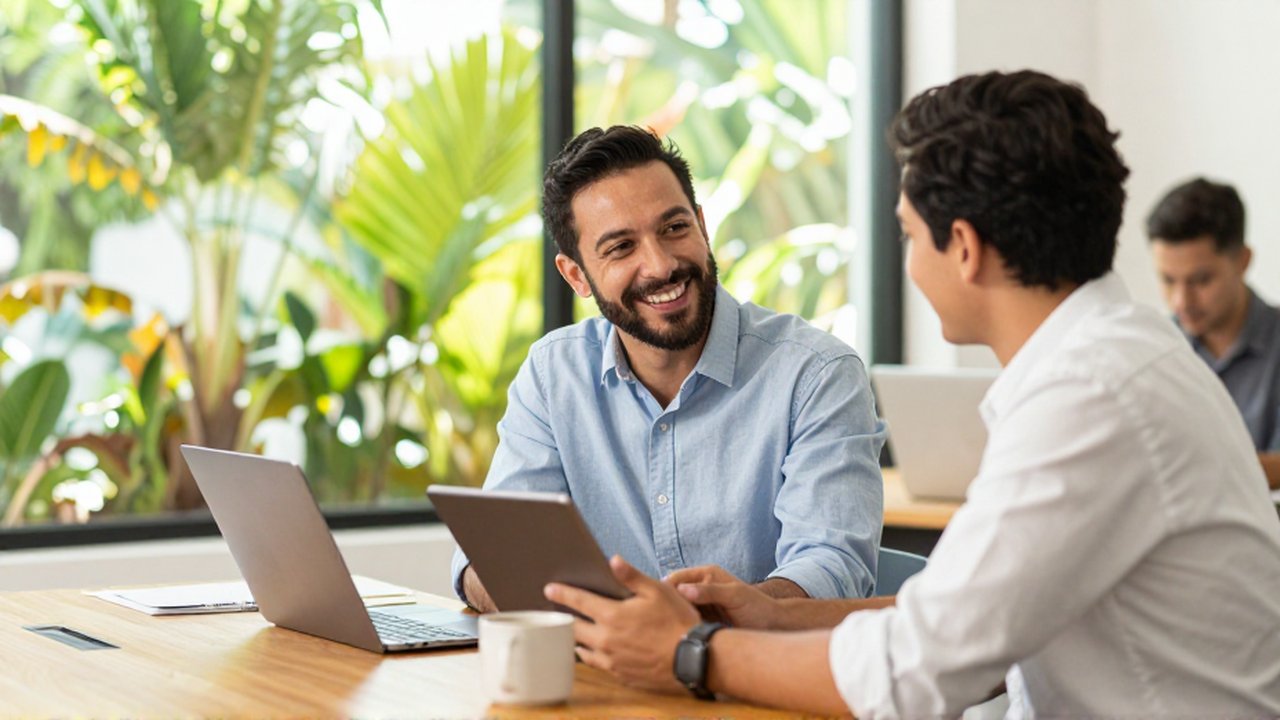 A smiling entrepreneur shows a tablet to a team member in a bright, modern office.