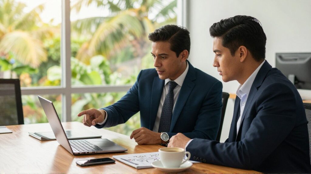 A sales manager points to a laptop screen while explaining a strategy to a junior colleague in a sunlit office.