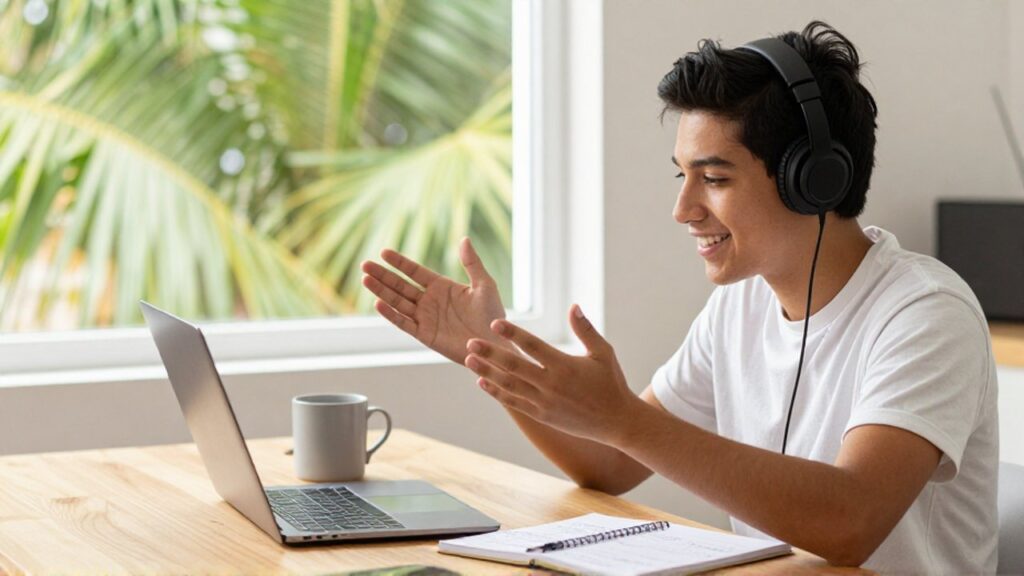 A smiling student wearing headphones participates in an online English lesson on a laptop at a wooden desk.