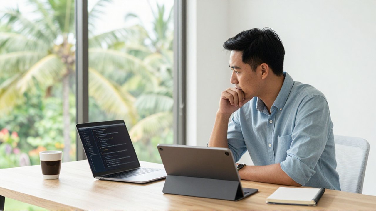 A focused developer sitting at a wooden desk, looking between a laptop and a tablet in a bright home office.