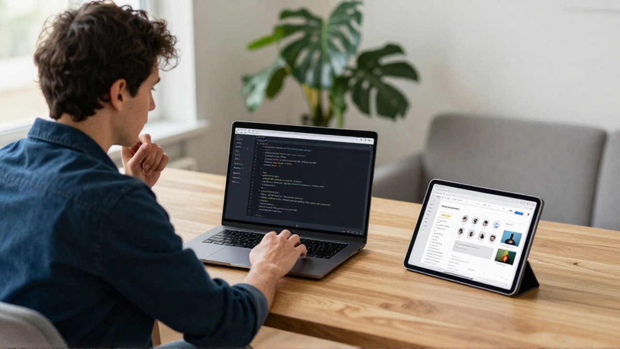 A software developer thoughtfully compares code on a laptop with web elements on a tablet.