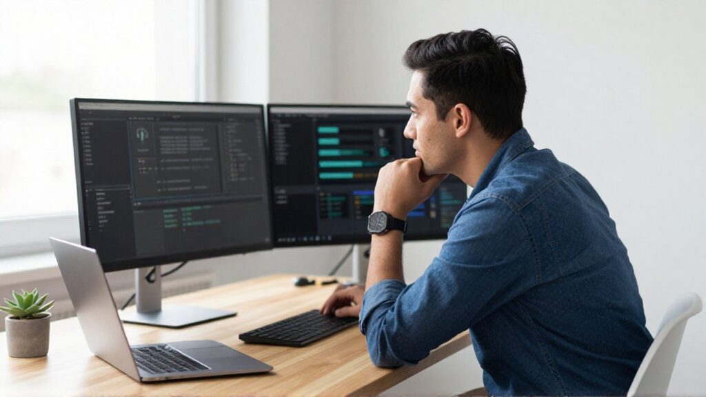 A software developer sits at a modern desk