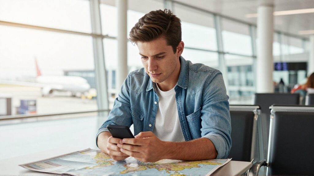 A traveler sits in a bright airport lounge
