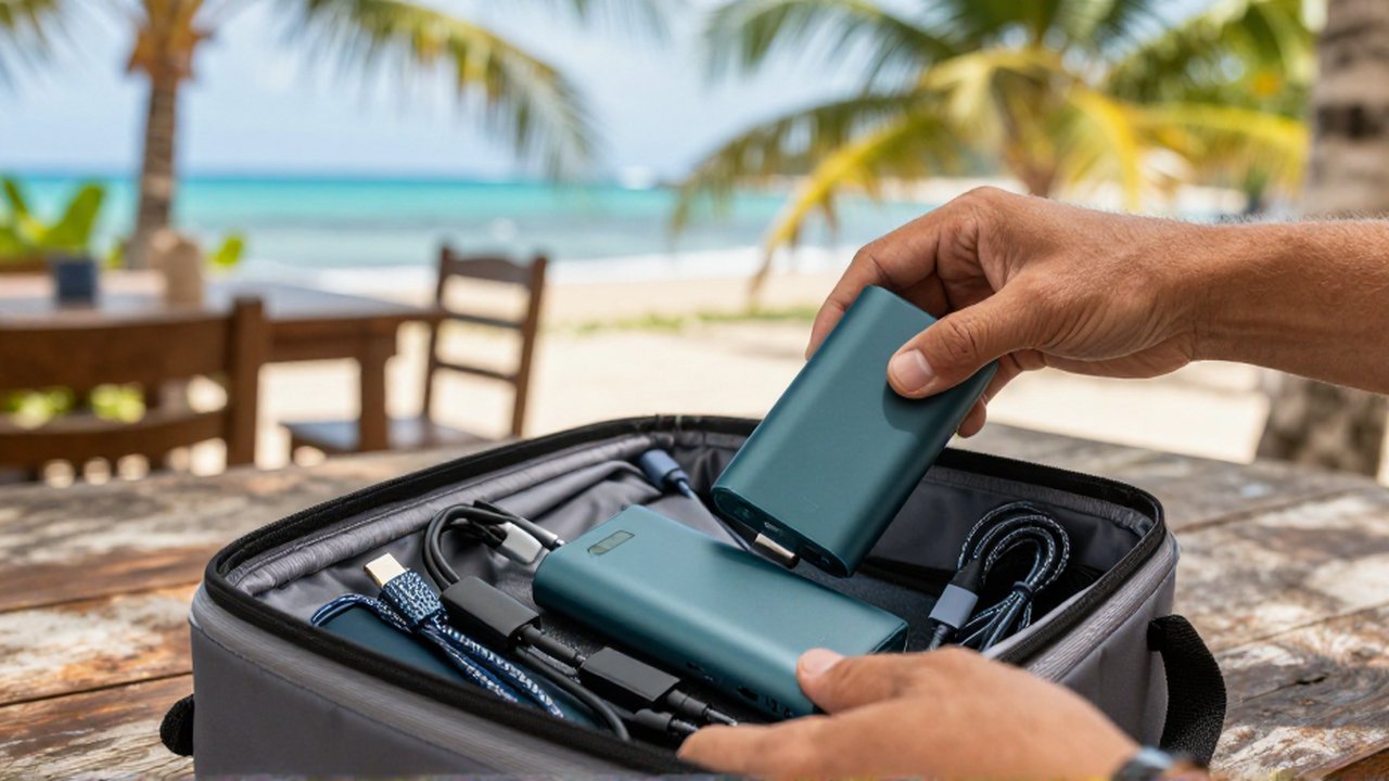 Hands organize power banks and USB-C cables into a travel organizer at an outdoor cafe.