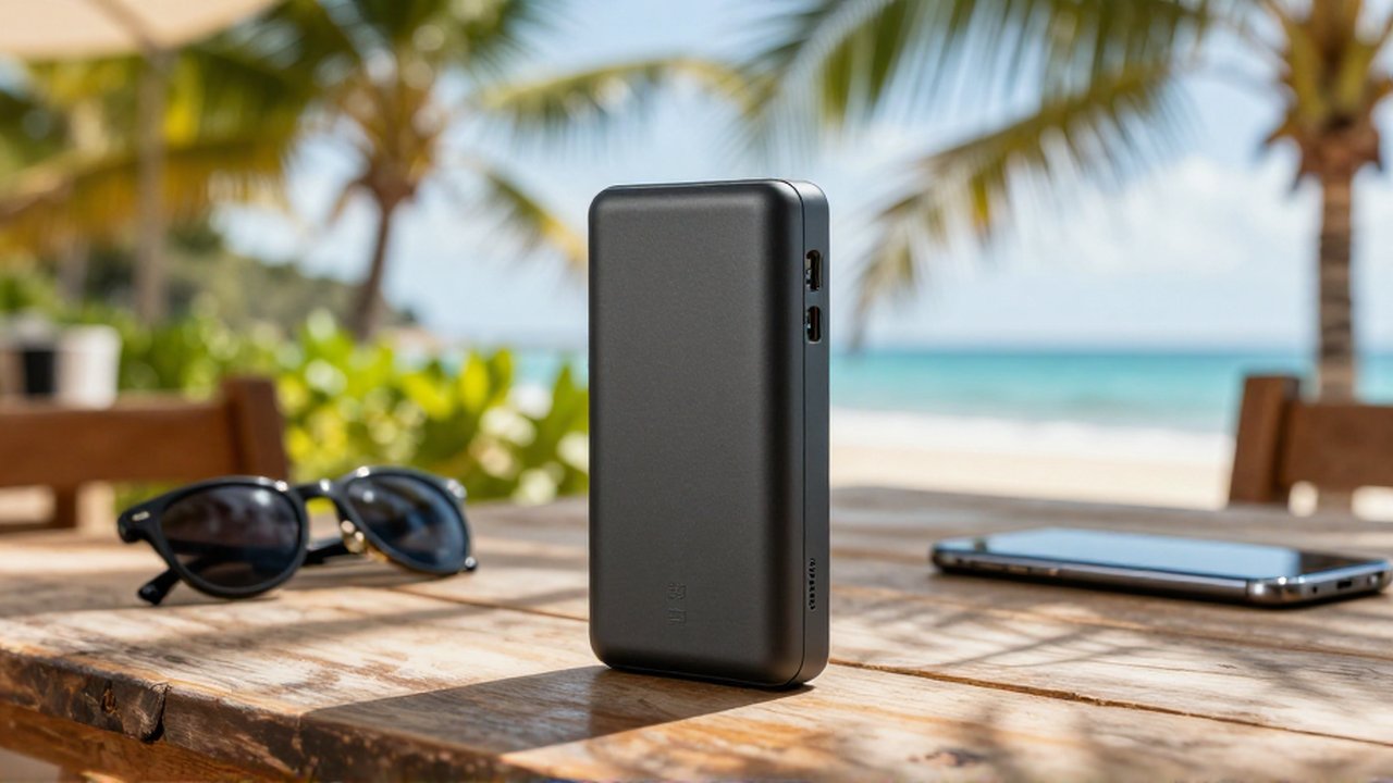 A rugged, matte-finish portable power bank sits on a wooden table in a tropical outdoor cafe.