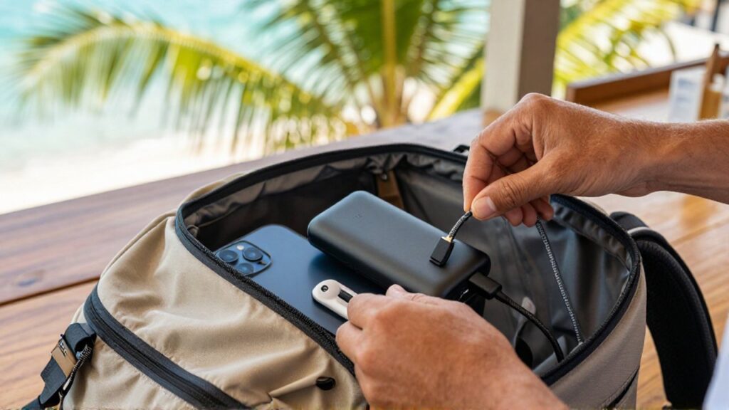 Hands organize a power bank and USB-C cable inside a backpack on a sunny cafe table.