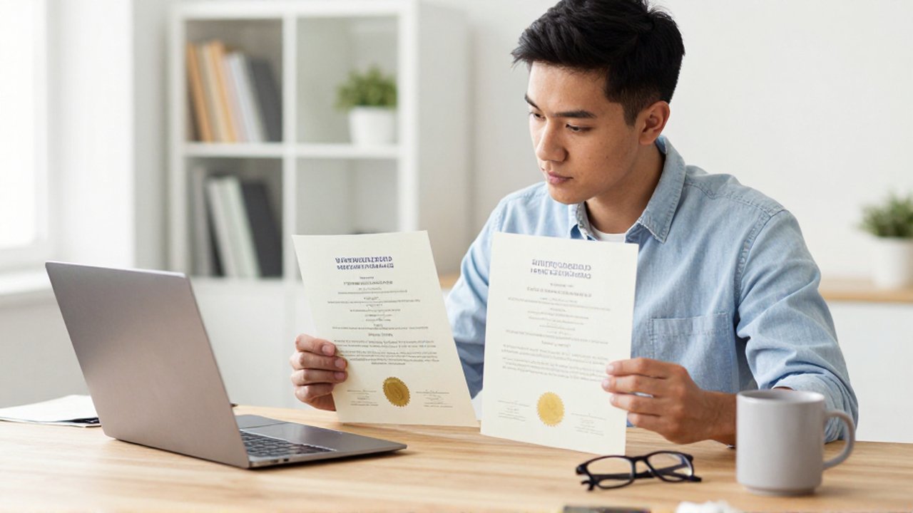A student sits at a desk comparing two official academic accreditation certificates next to a laptop.
