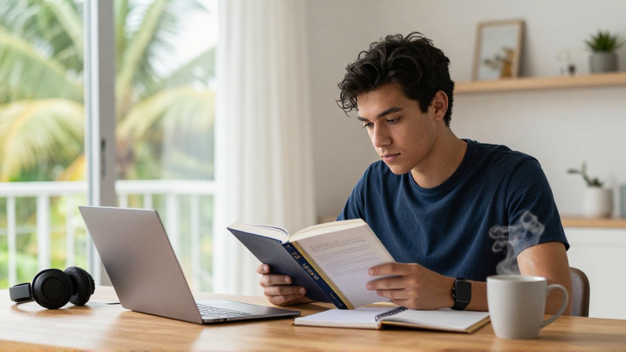 A focused student takes notes at a desk while comparing textbooks and a laptop.