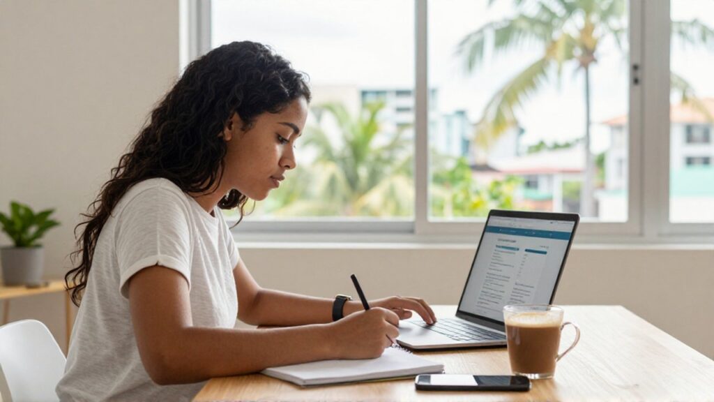 A student sits at a wooden desk