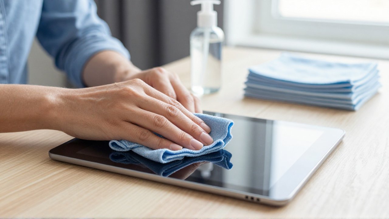 Hands use a microfiber cloth to gently wipe a dark tablet screen on a wooden desk.