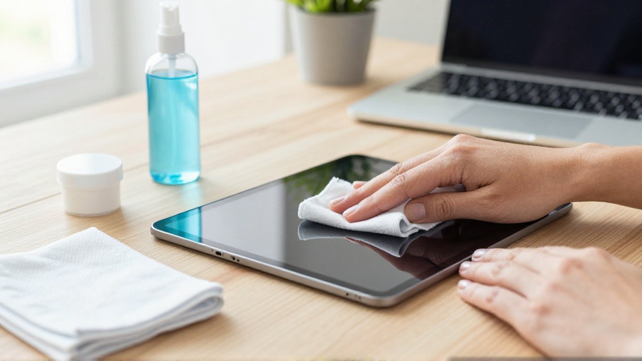 A person uses a microfiber cloth to gently clean a tablet screen on a wooden desk.