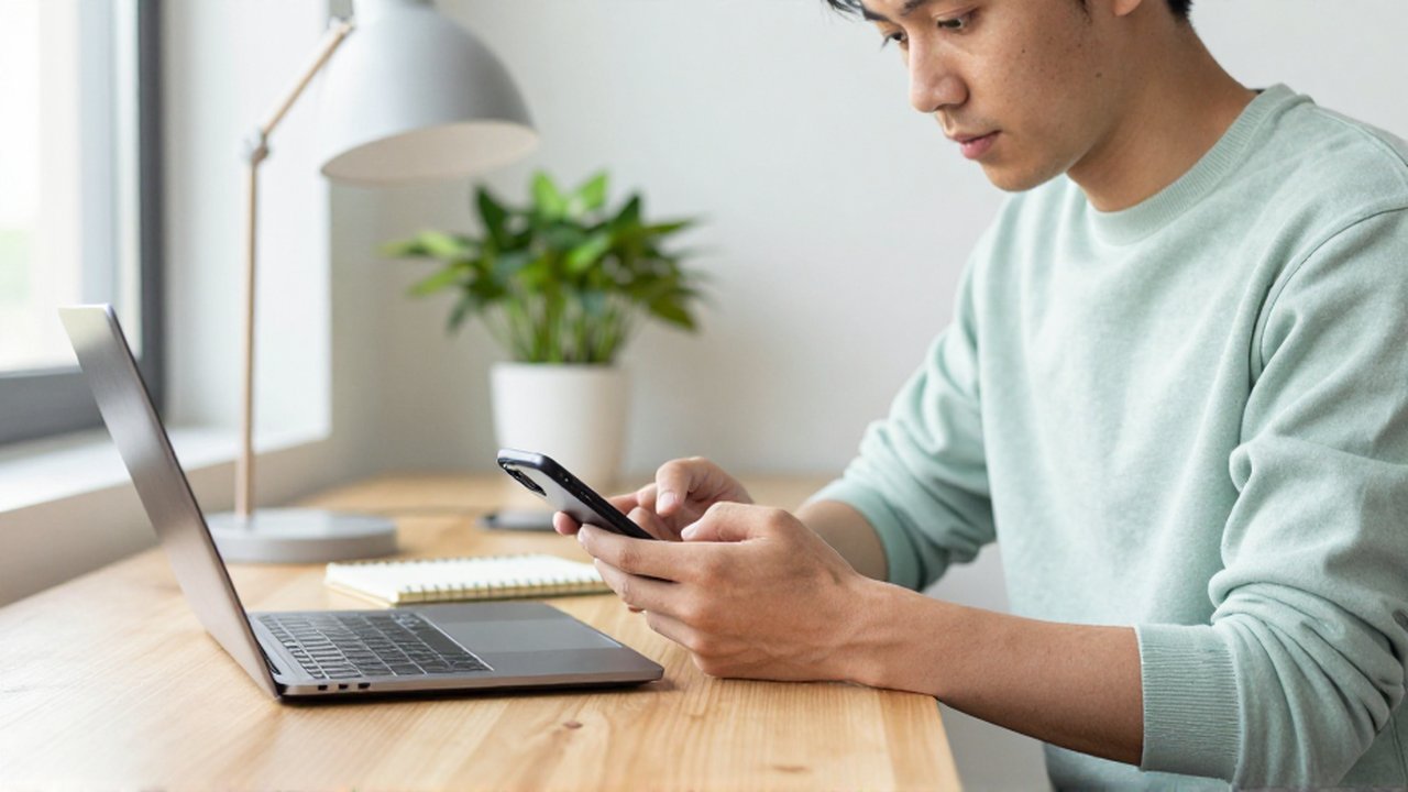 A focused young professional organizes digital content on a smartphone at a wooden desk.