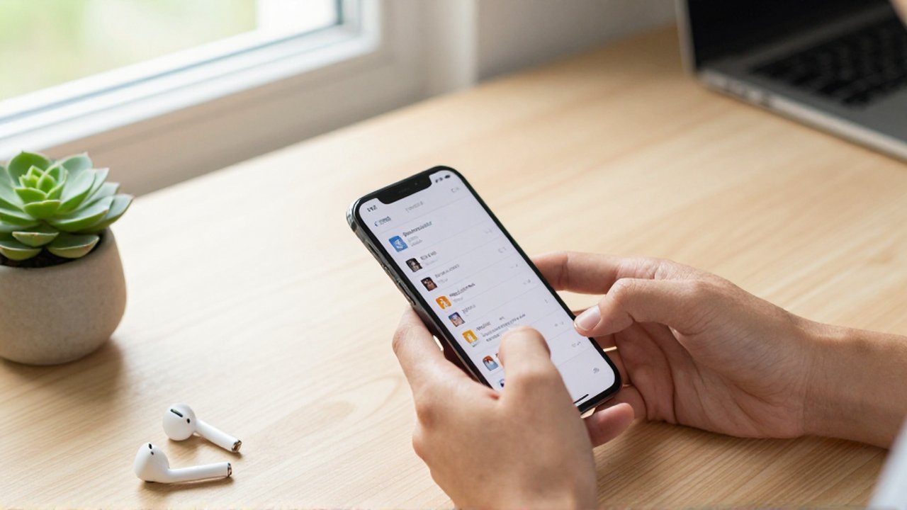 Hands tap a smartphone screen to manage files on a minimalist wooden desk.